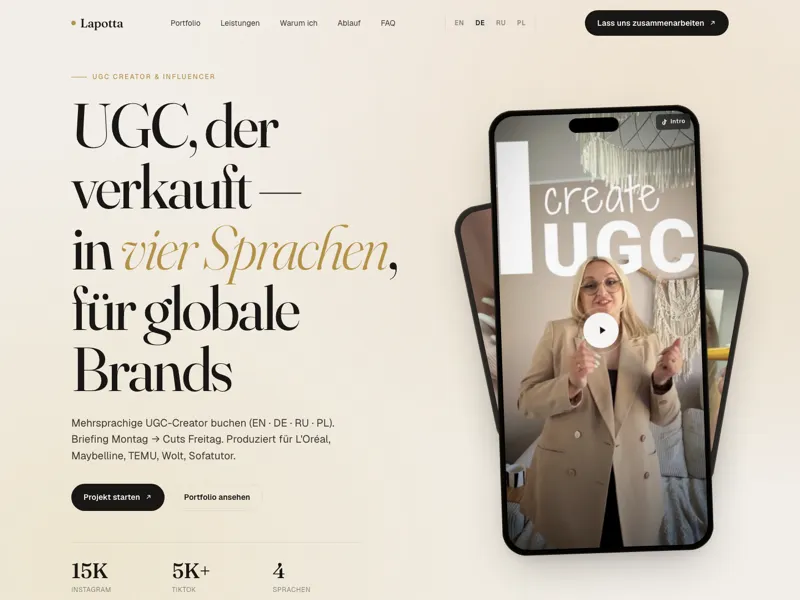 Screenshot der Website lapotta.com — heller Hero mit der Headline „UGC, der verkauft" und Smartphone-Mockup